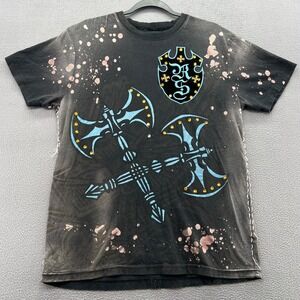 Rebel Spirit Shirt Mens XL Graphic Tee Bleached Skull Axes Rhinestones Y2K